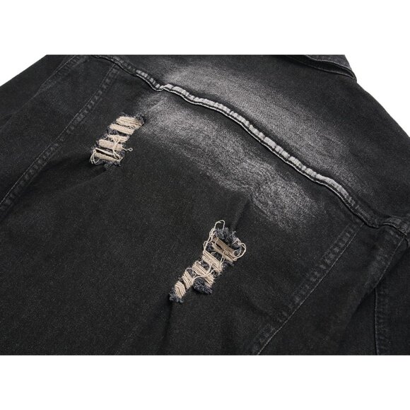 Men's Jean Jacket Distressed Slim Denim Jacket Long Sleeve Button Down Black7013 - Picture 8 of 9